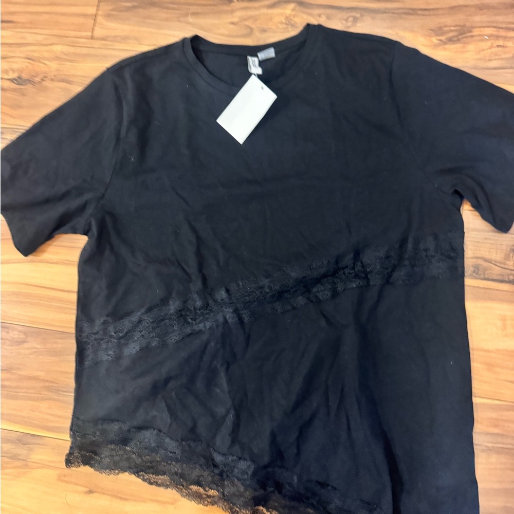 H&M Black Short Sleeve Lace Trim Tee